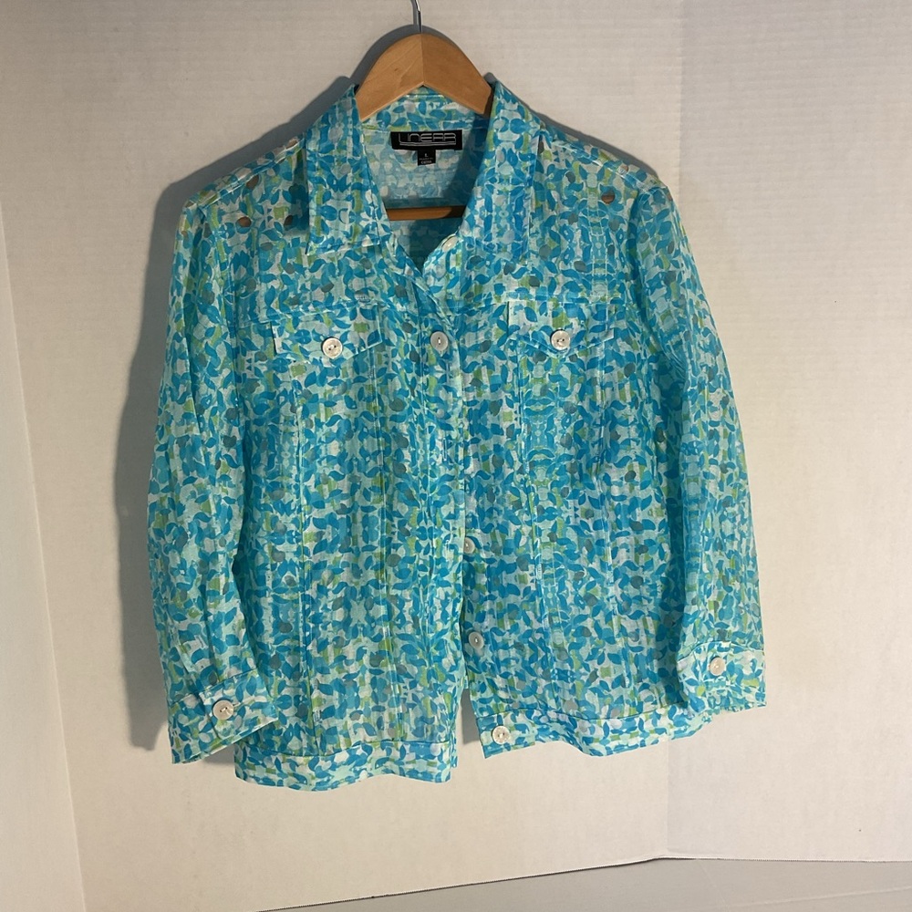 Linear Sheer Button Front Blouse Jacket Top 3/4 Sleeve Size Large